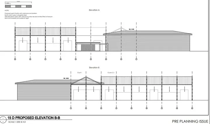 Proposed elevations A and B of the Old Blues padel scheme, pre-planning issue