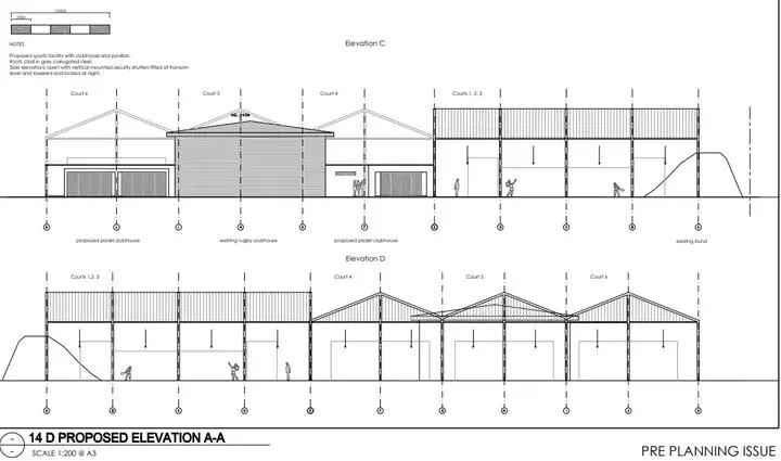 Proposed elevations C and D of the Old Blues RFC padel courts and clubhouse, pre-planning issue